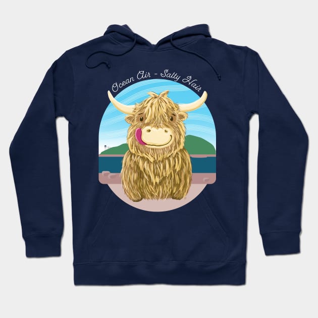 Scottish Highland Cow Ocean Air, Salty Hair Hoodie by brodyquixote